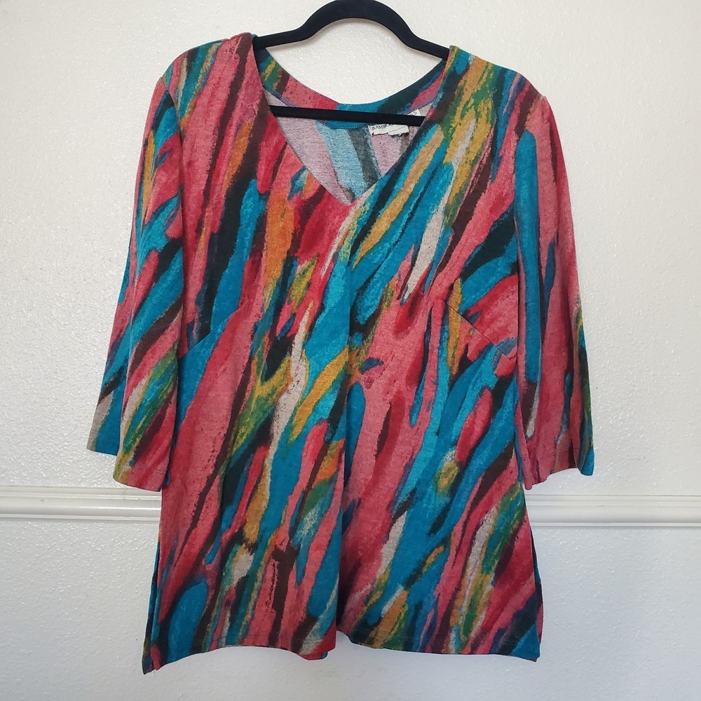 Bamboo Traders Womens Abstract Brushstroke V-Neck 3/4 Sleeve Tunic Multi-Color